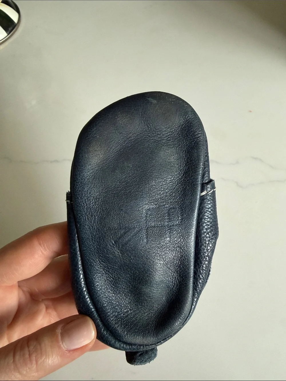 Freshly Picked Navy Blue Leather Baby Moccasins with Tan Laces